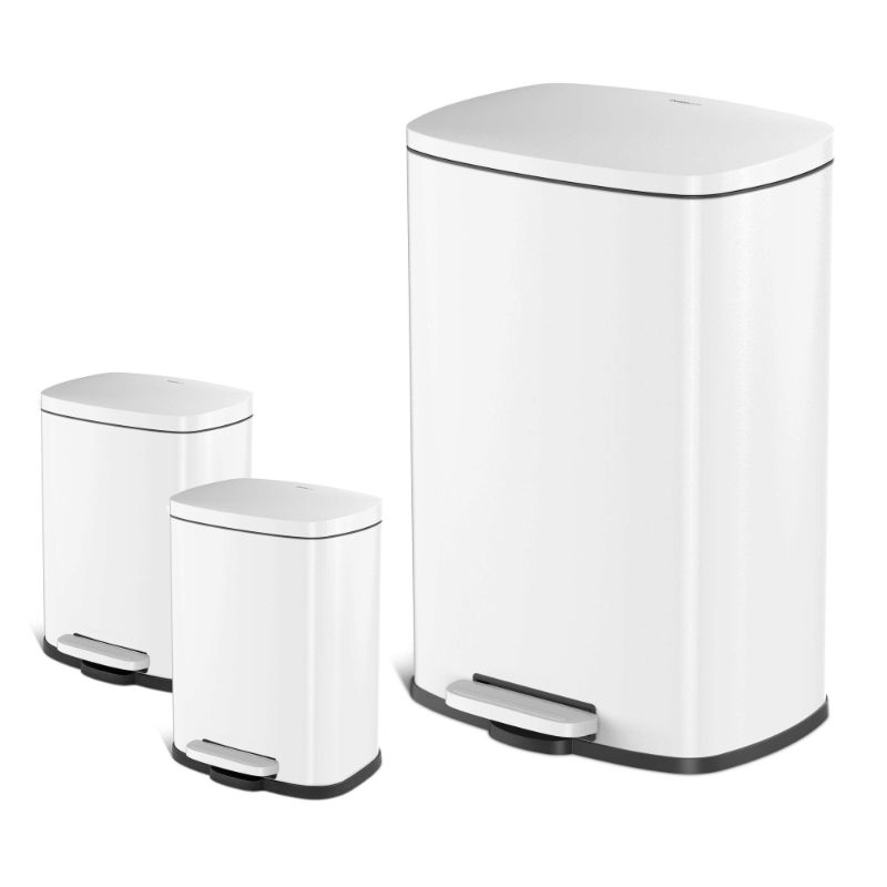 Photo 1 of Qualiazero Rectangular Step Trash Can 3 Piece Combo 13.2 Gal and TWO 1.3 Gal - Shiny White
