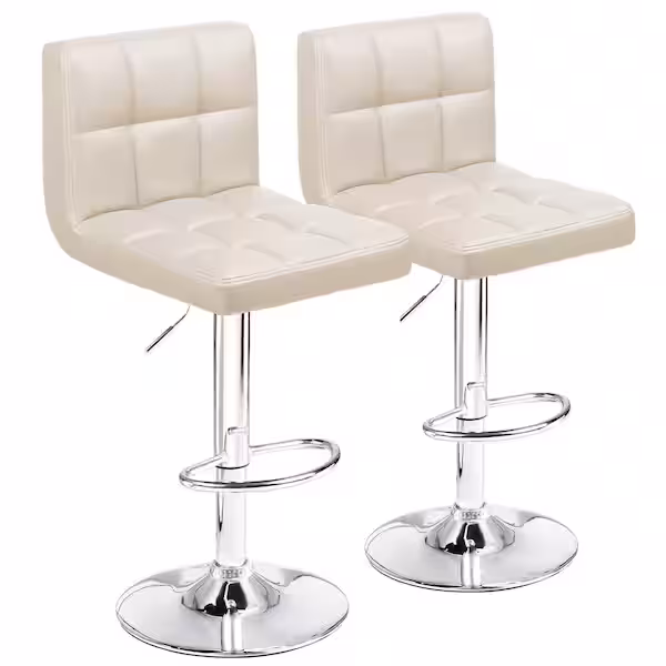 Photo 1 of 33 in. - 44 in. Height Beige Low Back Metal Adjustable Bar Stool with PU Leather-Seat 360° Swivel (Set of 2)