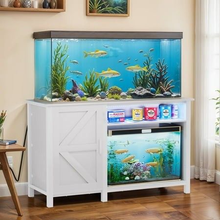Photo 1 of Dextrus Fish Tank Stand with Electrical Sockets RGB Lighting Cabinet for 55-75 Gallon Aquariums Supports 900 Lbs White
