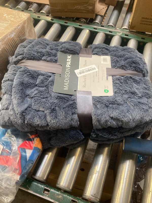 Photo 1 of Madison Park Ruched Luxury Throw Premium Soft Cozy Brushed Long Faux Fur For Bed, Couch or Sofa, 50"x60", Slate Blue