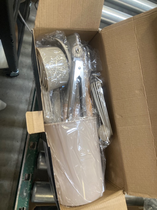 Photo 1 of NCUE Silicone Cooking Utensils Set with Holder, BPA Free Kitchen Utensils Set for Cooking, 446°F Spatulas Silicone Heat Resistant Wooden Handle Spoon Tongs Non-stick Kitchen Gadgets (Khaki)