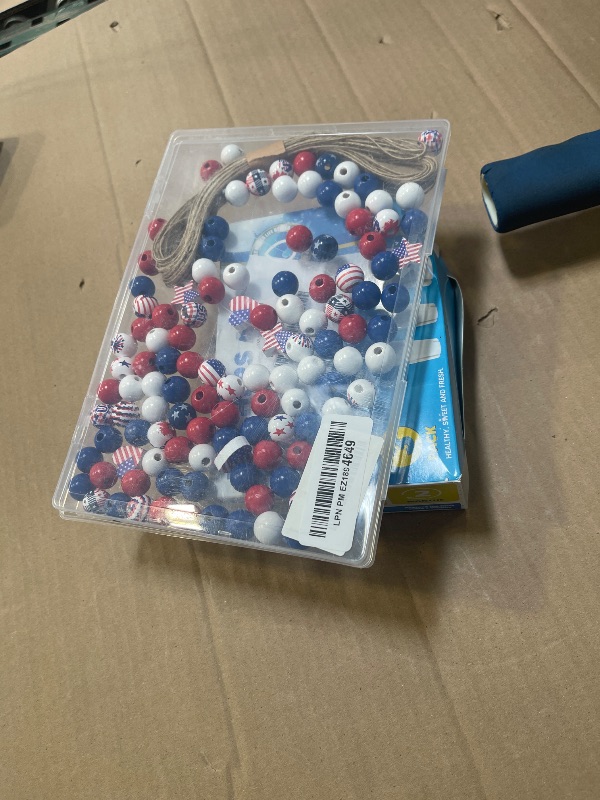 Photo 1 of Goldwise 120Pcs 4th of July Wooden Beads Garland, Patriotic Red White Blue Beads for DIY Crafts, Independence Day Wood Beads with American Flag Stars for Bracelets Necklaces Tiered Tray Decor