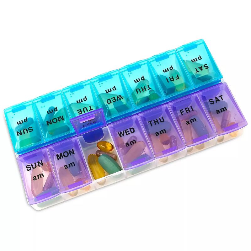 Photo 1 of Weekly Pill Organizer - (Pack of 2) 7 Day Pills Container, Round Medicine Organizer Box, Daily Week Pill Reminder Case Travel Friendly, BPA-Free Vitamin, Supplement, Fish Oil, Medication Planner