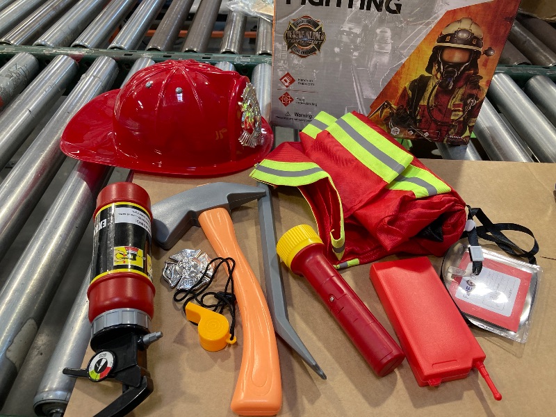 Photo 1 of Fireman Costume for Kids, 10 Pcs Firefighter Costume with Toy Accessories Set, Fireman Role Play Outfit Toys, Kids Firefighter Dress Up Clothes, Halloween for Boys Toddlers Ages 3 - 7