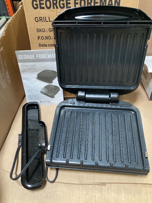 Photo 1 of George Foreman 4-Serving Removable Plate Electric Grill and Panini Press, George Tough Non-Stick Coating, Drip Tray Catches Grease, Black