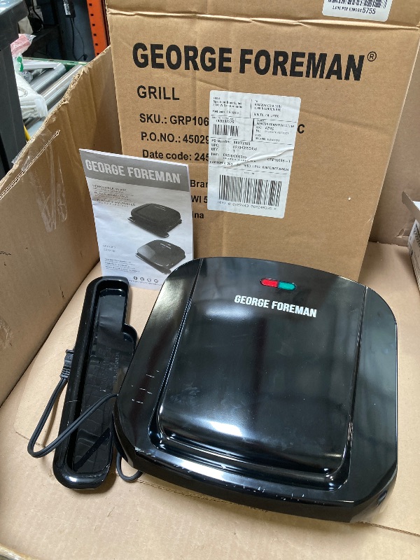 Photo 1 of George Foreman 4-Serving Removable Plate Electric Grill and Panini Press, George Tough Non-Stick Coating, Drip Tray Catches Grease, Black