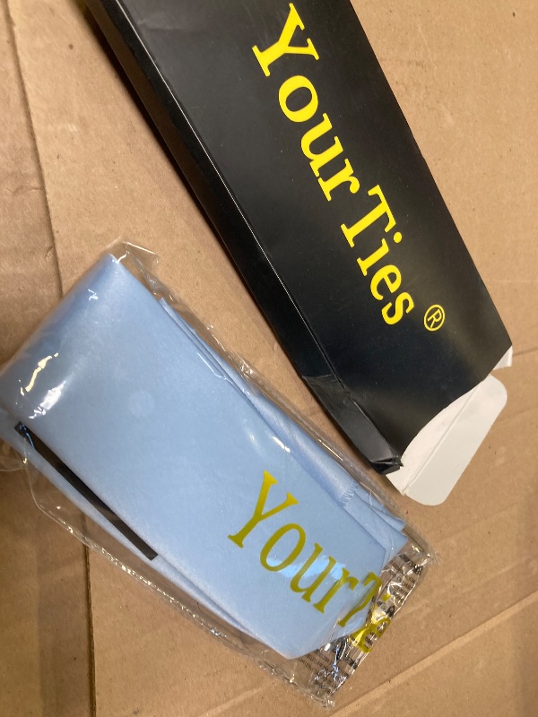 Photo 1 of YourTies Skinny Ties for Men 2.4" Satin Sky Blue Slim Necktie with Pocket Square Tie Clip Set Wedding Party Business