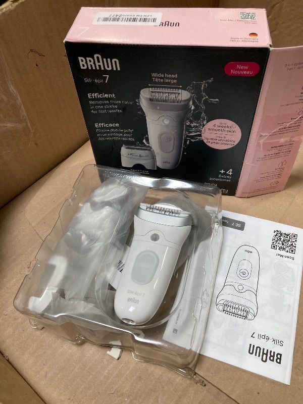 Photo 1 of Braun Epilator Silk-épil 7, Hair Removal Device, Women Shaver & Trimmer, Wet and Dry, Wide Head, Includes Shaver Head and Trimmer Comb, SE7-041, Silver