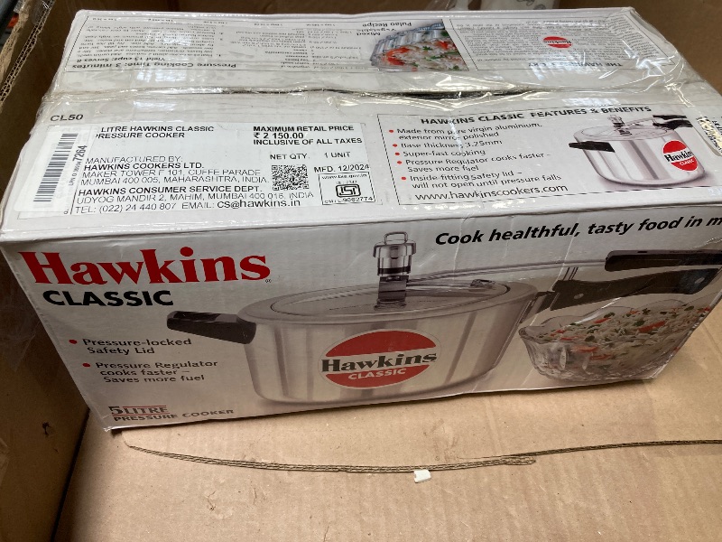 Photo 1 of Hawkins Aluminium 5 Litre Classic Pressure Cooker, Best Inner Lid Cooker, Silver (Cl50)
