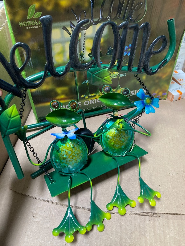 Photo 1 of HONGLAND Outdoor Garden Solar Lights,Frog Swing Garden Decor,Frog Decorative Stake with Welcome Sign for Landscape Patio Yard (48 inch)