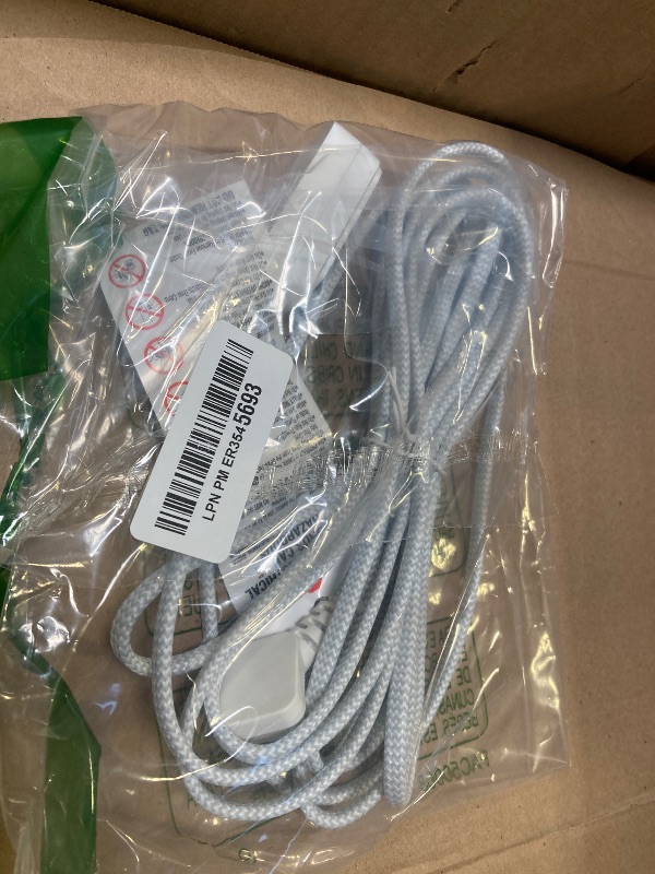 Photo 1 of Cordinate Designer 3-Outlet Extension Cord, 2 Prong Power Strip, Extra Long 15 Ft Cable with Flat Plug, Braided Chevron Fabric Cord, Slide-to-Close Safety Outlets, White/Gray, 43431