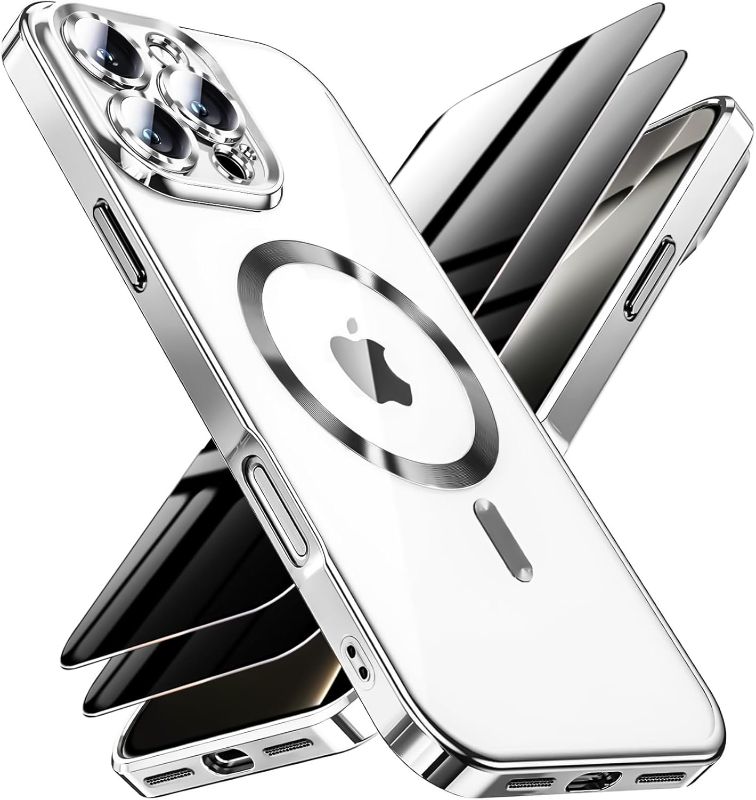 Photo 1 of QiiStar Privacy Case for iPhone 16 Pro Max with Screen Protector [2 Pack] & Full Camera Cover Metallic Glossy Soft TPU for Women iPhone 16 ProMax Phone Case Compatible with MagSafe,Desert  