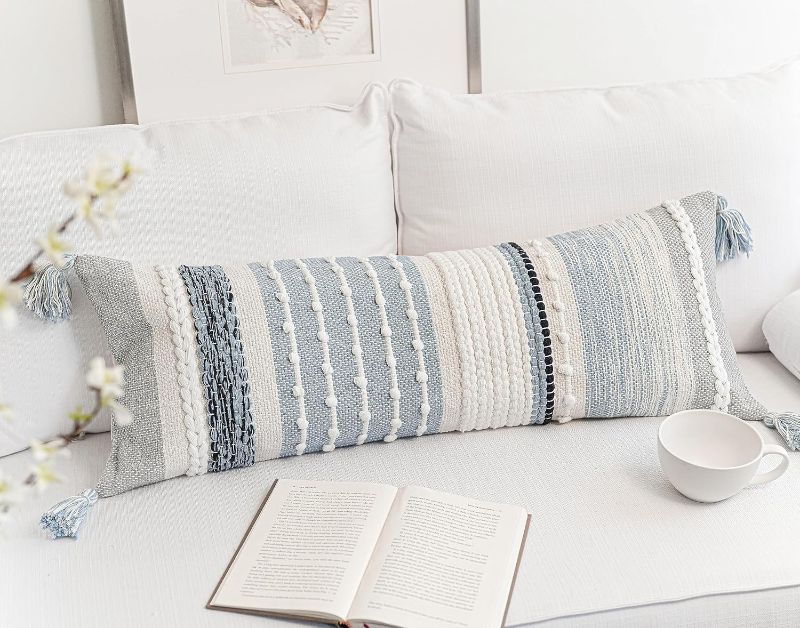 Photo 1 of BlissBlush Coastal Blue Decorative Lumbar Pillow Cover 14x36, Boho Lon... Throw Pillow for Couch, Modern Accent Textured Throw Pillowcase------------ (Cover ONLY)