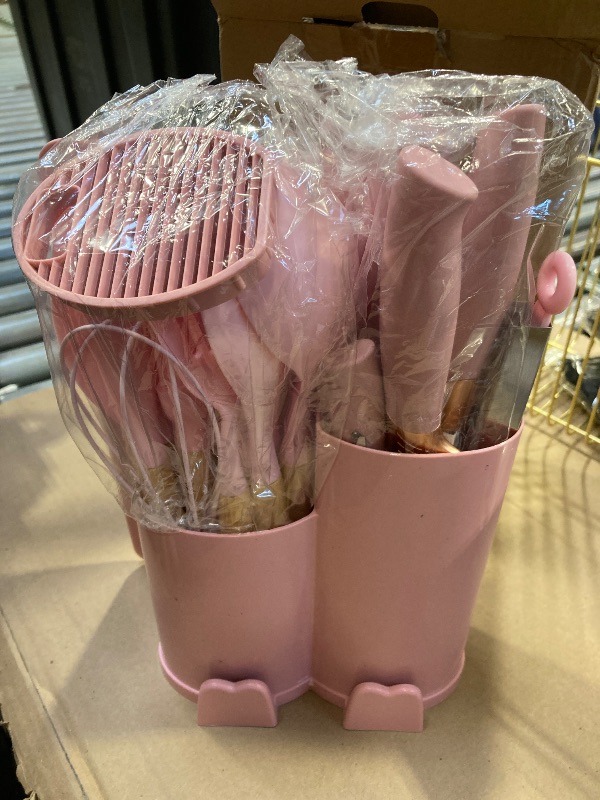 Photo 1 of QFN 19pcs Silicone Kitchen Utensil Set Heat-Resistant Non-Stick Easy Cooking Cleaning Home Pink
