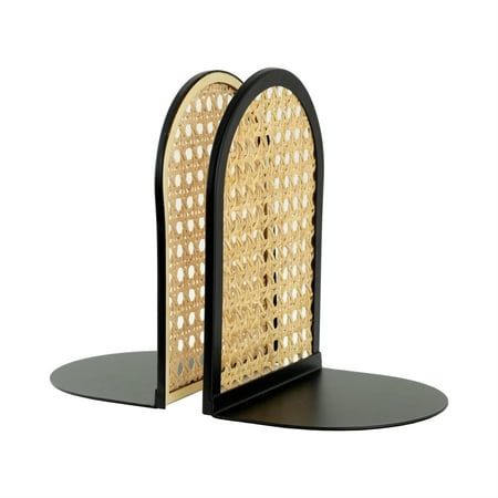 Photo 1 of Arched Black Metal and Natural Rattan Indoor Tabletop Bookends
