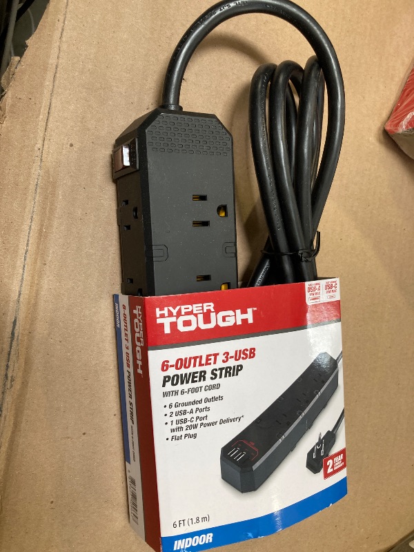 Photo 1 of Hyper Tough 6-Outlet 3-USB(2A+1C ) Indoor Power Strip Black 6 Cord Flat Wall Plug 125V 15A
