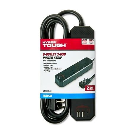 Photo 1 of Hyper Tough 6-Outlet 3-USB(2A+1C ) Indoor Power Strip Black 6 Cord Flat Wall Plug 125V 15A
