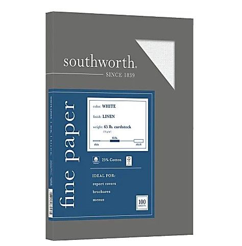 Photo 1 of Southworth® 25% Cotton Linen Cover Stock, 8 1/2" x 11", 65 Lb, White, Pack Of 100
