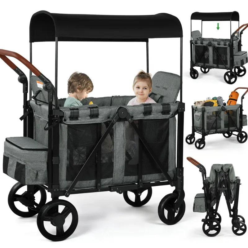 Photo 1 of Vomeast Wagon Stroller for 2 Kids, 3-in-1 Wagon Stroller with Canopy, 5-Point Harness, Adjustable Handlebars, Removable Seat for Toddlers, Grey
