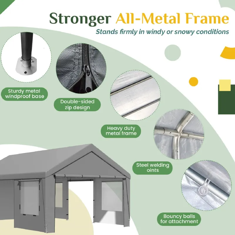 Photo 1 of Parts Only-----(poles only) -----Erommy 13' x 20' Heavy Duty Portable Outdoor Garage Carport with Roll-up Windows, Side Doors and Removable Sidewalls for Car,Outer Gray and Inner White