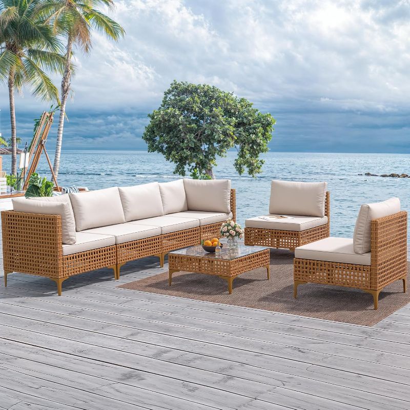 Photo 1 of YITAHOME 7-Piece Patio Furniture Set, All-Weather PE Wicker Patio Conversation Set for Backyard Deck Poolside Porch, Outdoor Sectional Sofa with Coffee Table & Soft Cushions
