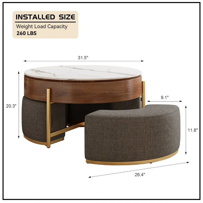 Photo 1 of Lift-Top Round Coffee Table With 3 Ottomans
