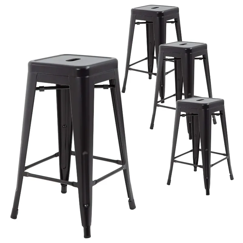 Photo 1 of Metal Bar Stools Set of 4 Counter Height Bar Stools 24 Inches Industrial Bar Chairs Patio Stool Stackable Backless Stool Indoor Outdoor Metal Kitchen Stools Bar Chairs (Black,)
