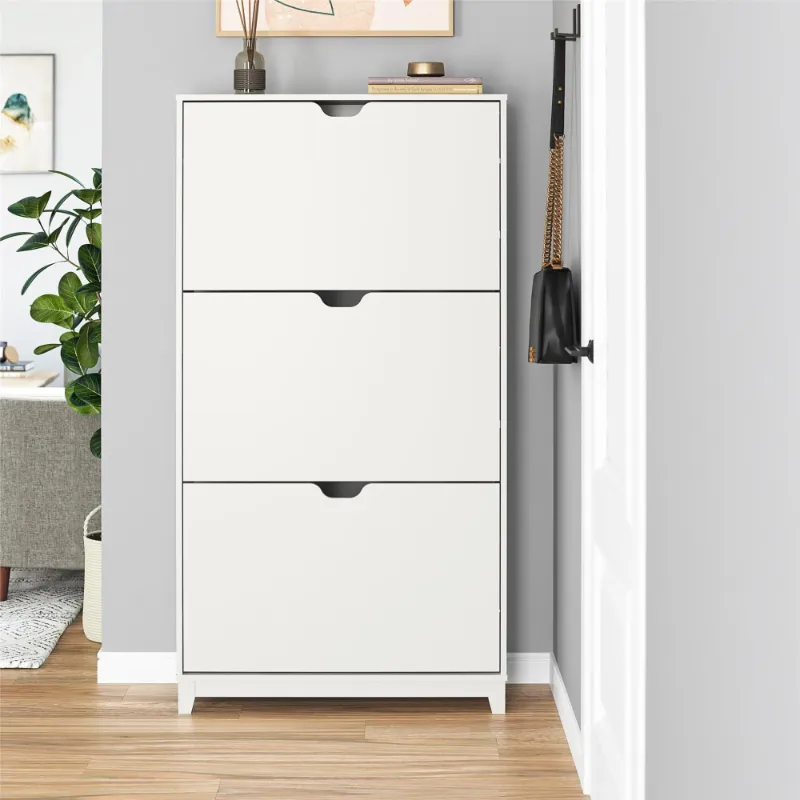 Photo 1 of Mainstays 3-Tier Shoe Storage Cabinet White 31.1" W x 11.36" D x 58.19" H.