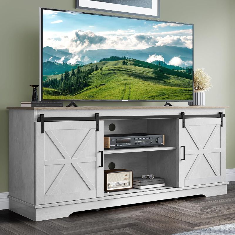 Photo 1 of YITAHOME Farmhouse TV Stand for 65 Inch Television Stand, 59'' without Mount Entertainment Center with Storage Cabinets and Sliding Barn Doors, Rustic Media TV Console Table for Living Room, Grey White/Grey Wash
