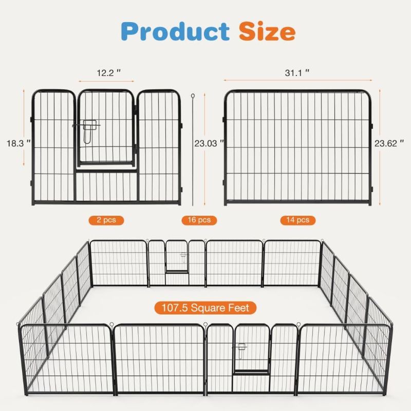 Photo 1 of Dog Playpen, 16 Panel 24” Height Puppy Fence Exercise Pen for Yard Gate, Indoor Outdoor Heavy Duty Anti-Rust Metal Playpens with Doors Portable for RV Camping - Small/Medium/Large Pets
