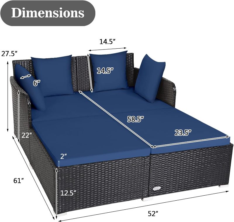 Photo 1 of  Cushioned Outdoor Patio Rattan Daybed - Patio Rattan-Navy
