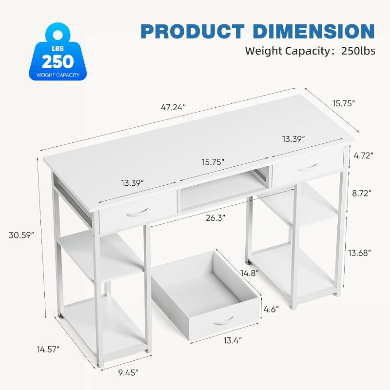 Photo 1 of OLIXIS Computer Desk with Drawers Study Writing Table with Storage Bag Headphone Hook Adjustable Feet for Home Office Small Spaces,48IN White
