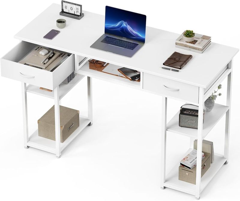 Photo 1 of OLIXIS Computer Desk with Drawers Study Writing Table with Storage Bag Headphone Hook Adjustable Feet for Home Office Small Spaces,48IN White