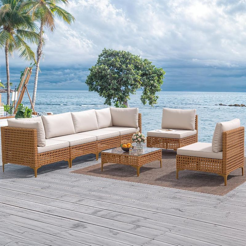 Photo 1 of YITAHOME 7-Piece Patio Furniture Set, All-Weather PE Wicker Patio Conversation Set for Backyard Deck Poolside Porch, Outdoor Sectional Sofa with Coffee Table & Soft Cushions	