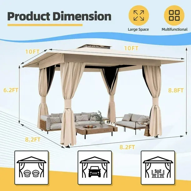 Photo 1 of Erommy Outdoor Gazebo 10'x10', Double Roof Patio Gazebo with Mosquito Nettings and Privacy Screens,Kahaki
