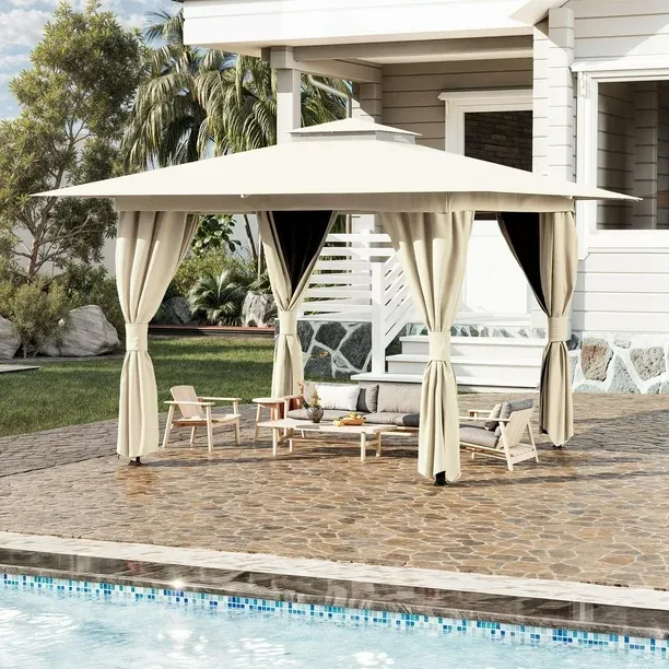 Photo 1 of Erommy Outdoor Gazebo 10'x10', Double Roof Patio Gazebo with Mosquito Nettings and Privacy Screens,Kahaki
