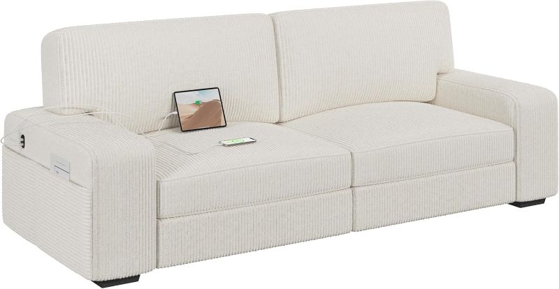 Photo 1 of Incomplete ----Yaheetech 83.5" W Modern Sofa Couch Corduroy Fabric Sofa with Detachable Cover, USB Charging Ports & Side Storage Pockets for Living Room Apartment, Ivory
