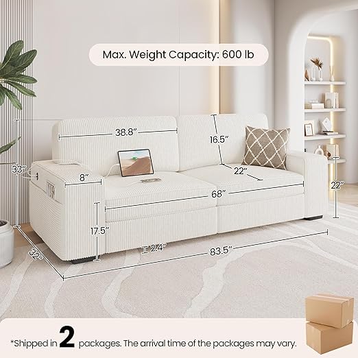 Photo 1 of Incomplete ----Yaheetech 83.5" W Modern Sofa Couch Corduroy Fabric Sofa with Detachable Cover, USB Charging Ports & Side Storage Pockets for Living Room Apartment, Ivory
