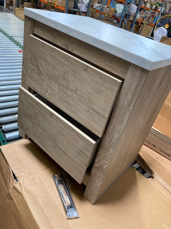 Photo 1 of Signature Design by Ashley Senniberg Modern 2 Drawer Nightstand with Faux Marble Top, 24.72" Tall, Light Brown & White