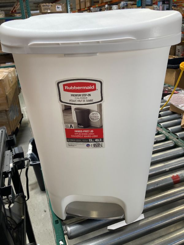 Photo 1 of Rubbermaid Classic 13 Gallon Premium Step-On Trash Can with Lid and Stainless-Steel Pedal White Waste Bin for Kitchen