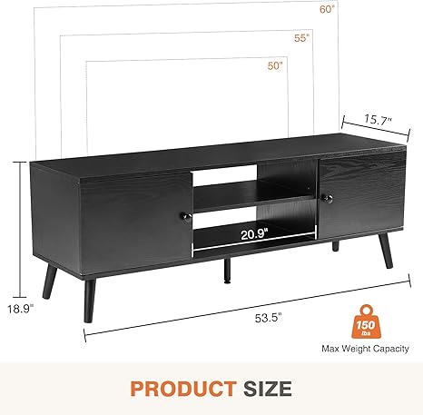 Photo 1 of Sweetcrispy TV Stand for 55 60 inch TV, Modern Mid Century Entertainment Center with Storage, Media Console Table 2 Cabinet, Soft Hinge, Handle Door, Wooden Living Room, Office Furniture, Black