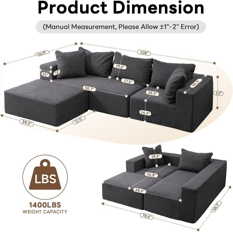 Photo 1 of Vamcheer Modular Sectional Sofa with Chaise, Modern L Shaped Cloud Couch with Deep Seat, Sectional Couches for Living Room, Bedroom, Office, No Assembly Required, Black