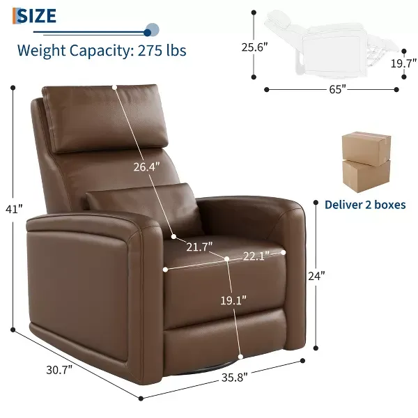 Photo 1 of Adult Manual Recliner, Simulated Leather Sofa Rocking Chair with 360° Swivel, Living Room Armchair with Adjustable Backrest and Footstool, Modern Reclining Recliner with Concealed Pull, Brown