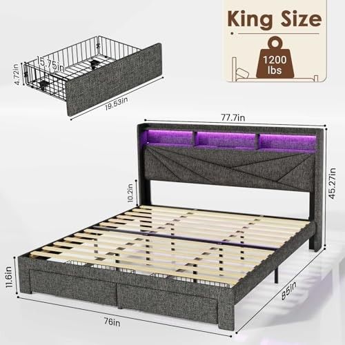 Photo 1 of Driftalia LED King Size Bed Frame with 2 Storage Drawers, Upholstered King Bed Frame with Headboard and Charging Station, No Box Spring Needed, Easy to Assembly-Dark Grey
