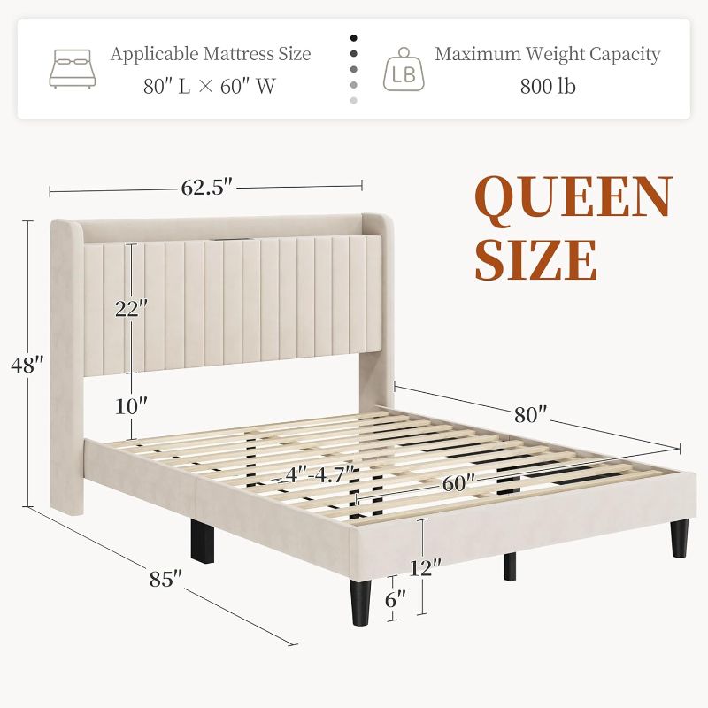 Photo 1 of Yaheetech Queen Bed Frame with Headboard, Upholstered Headboard with Charing Station and Storage Shelf, Platform Bed Frame, No Box Spring Needed, Easy Assembly, Beige