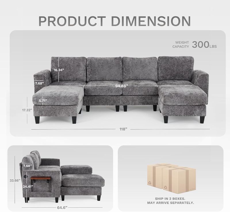 Photo 1 of COLAMY 118" U-Shaped Sectional Couch, 4-Seat Modular Sofa with 2 Ottomans and Foldable Side Table, Grey for Living Room
