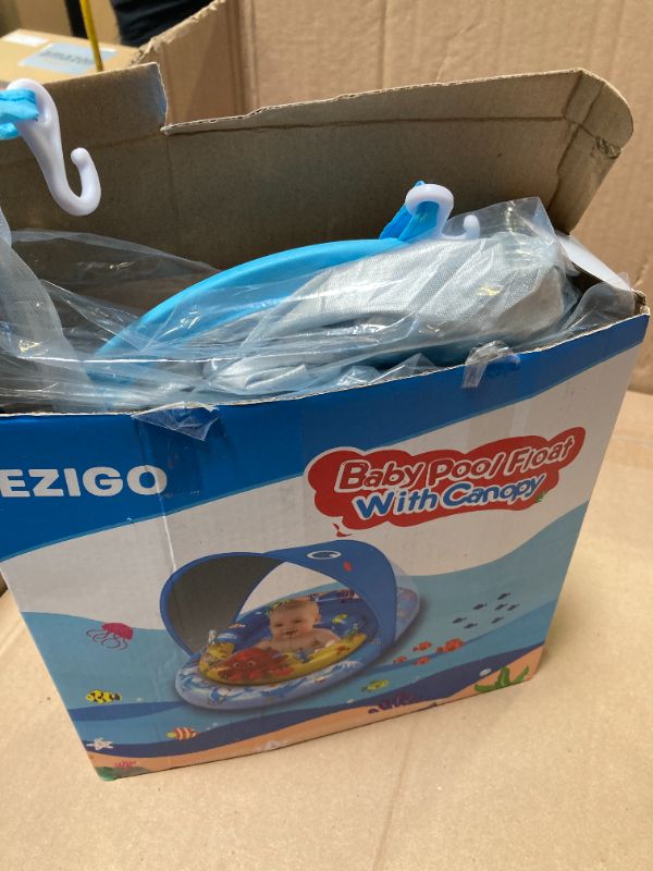 Photo 1 of EZIGO Baby Pool Float with Canopy UPF50+ Sun Protection, Inflatable Kids Pool Floats with Ocean Animal Toys for Babies 6-36 Months, Infant Swimming Float with Adjustable Safety Seat for Boys Girls