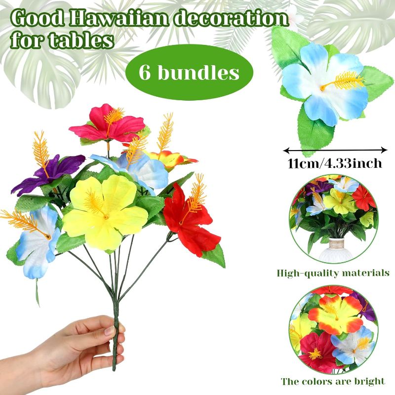 Photo 1 of Hotop 6 Pcs Hawaiian Flower Bouquet for Tables Faux Hibiscus Flowers Bouquet Artificial Fake Tropical Flowers for Luau Summer Themed Party Favors Home Office Garden Decoration Supplies