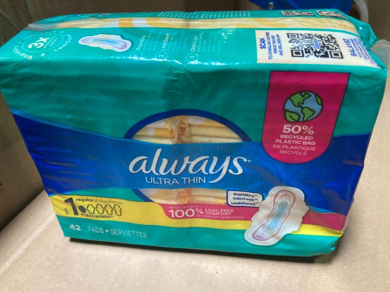 Photo 1 of Always Ultra Thin Daytime Pads with Wings, Size 1, Regular, Unscented, 42 pcs Counts