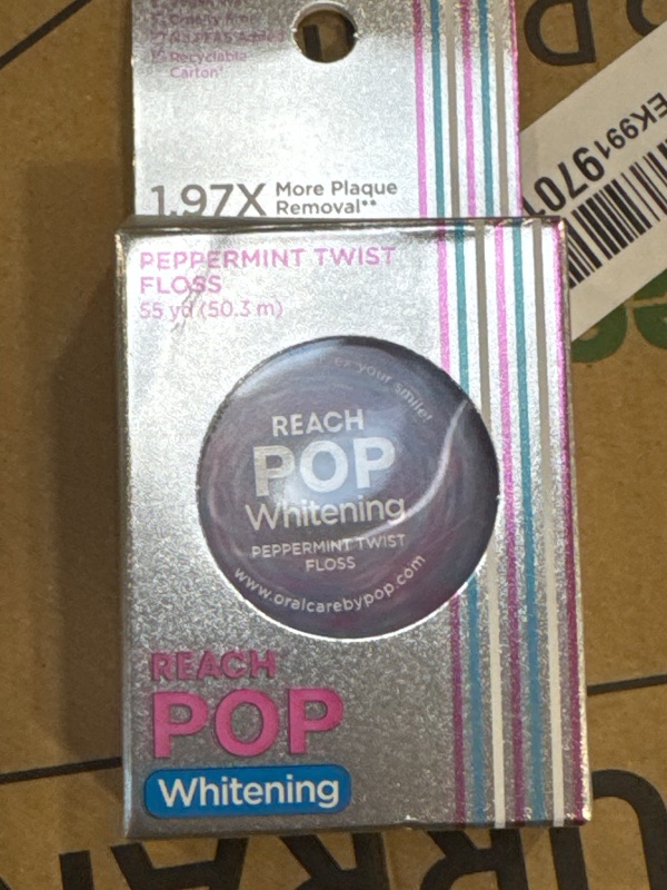 Photo 1 of REACH POP Whitening Dental Floss, Peppermint, Baking Soda Infused, Teeth Whitening, Plaque Remover for Teeth, Shred Resistant, Vegan Wax, Cruelty Free, Oral Care, PFAS Free, 1 Pack, 54.6 yd